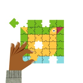 hand placing a puzzle piece into a puzzle illustration