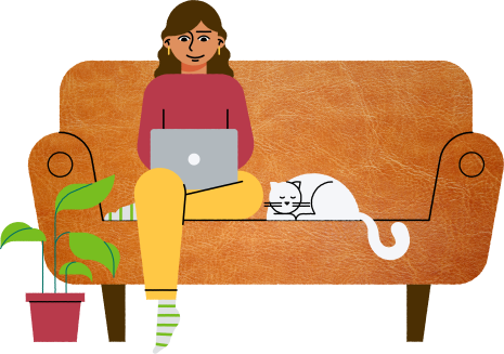 Illustration displays a young woman sitting on a couch with laptop on lap and a white cat sitting beside her left side. There is a plant in a pot next to the young woman on her right side.